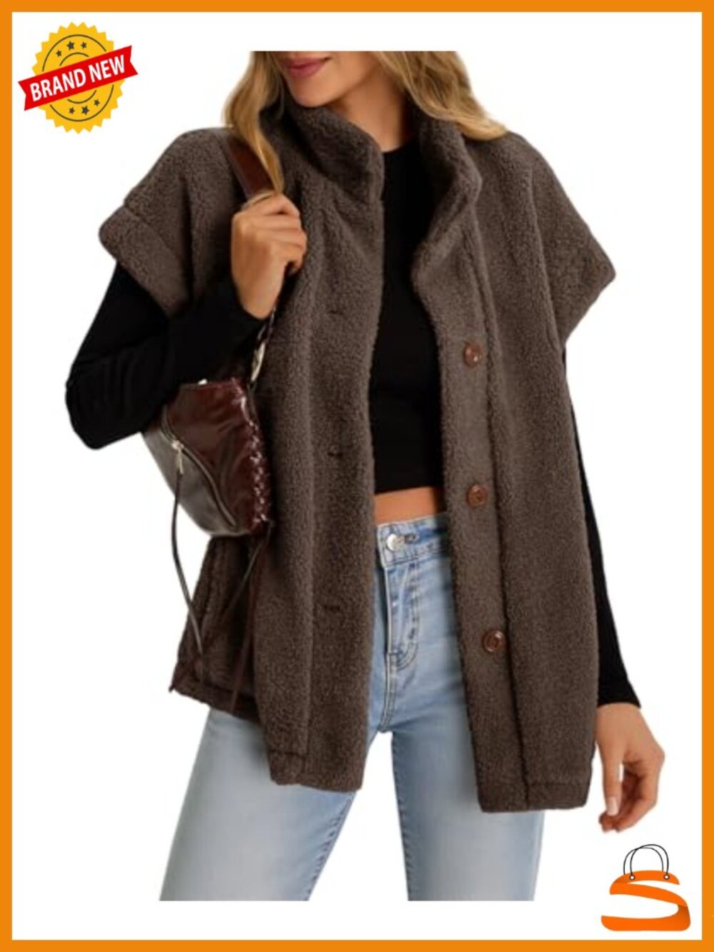 Oversized Fuzzy Sherpa Fleece Vest Sleeveless Button Down Warm Outerwear